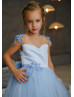 Blue Beaded 3D Flowers Tulle Flower Girl Dress With Glitter Train